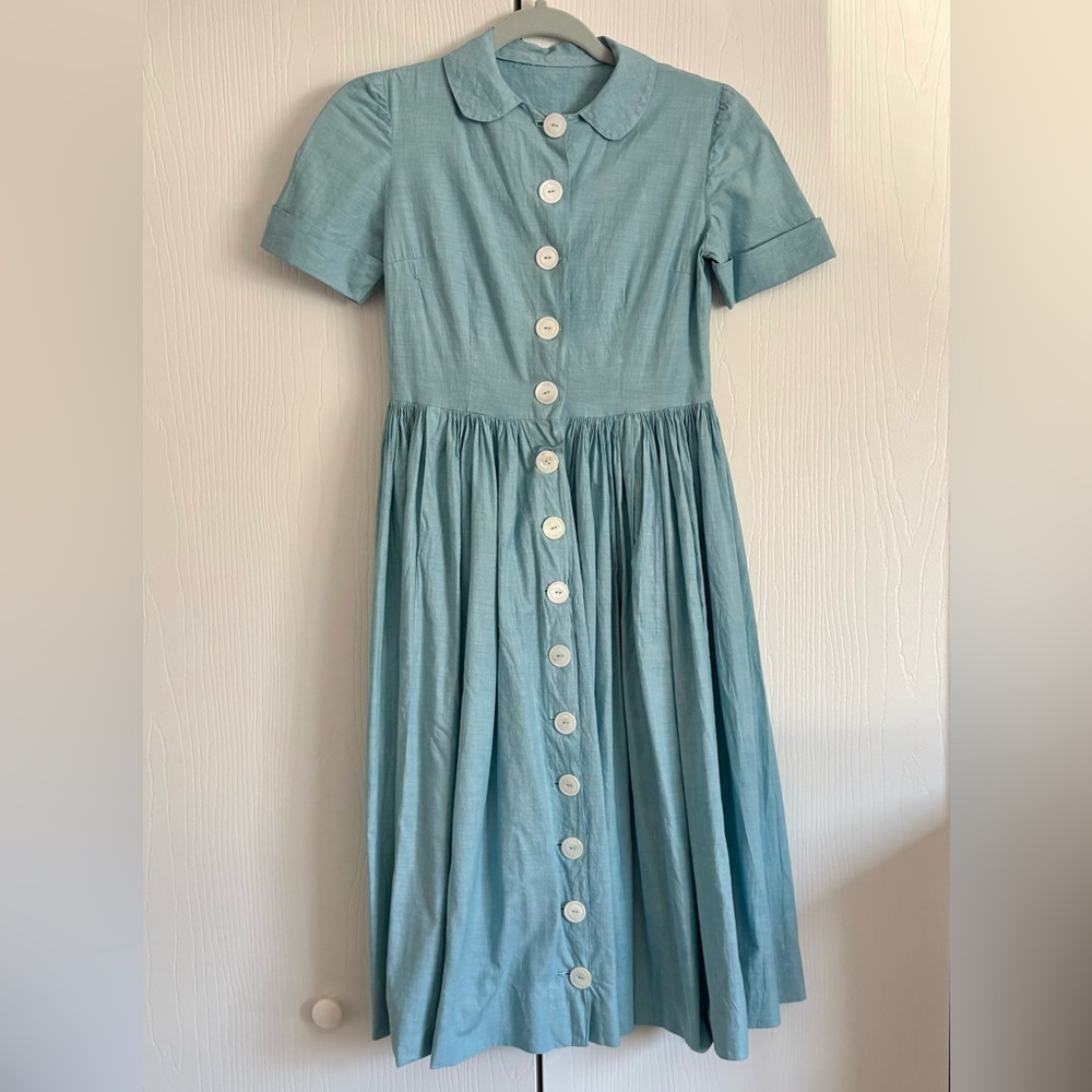 Vintage Blue Button-Down Cotton Dress